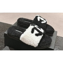 Chanel CC Logo Shearling Fur Mules Black/White 2024