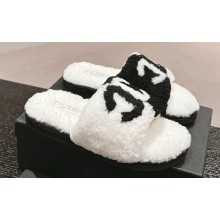 Chanel CC Logo Shearling Fur Mules White/Black 2024