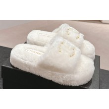 Chanel Gold Pearl CC Logo Shearling Platform Mules White 2024
