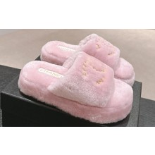 Chanel Gold Pearl CC Logo Shearling Platform Mules Pink 2024