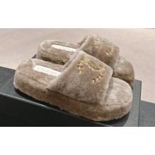 Chanel Gold Pearl CC Logo Shearling Platform Mules Gray 2024