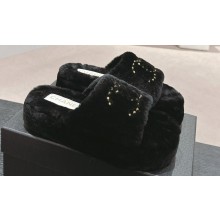 Chanel Gold Pearl CC Logo Shearling Platform Mules Black 2024