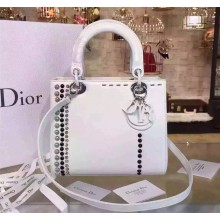 DIOR "LADY DIOR" BAG CALFSKIN STUDDED WITH BEADS AND RHINESTONE WHITE