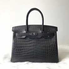 hermes so black birkin 30/35 bag in matt crocodile leather