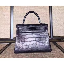 hermes so black kelly 28/32 bag in matt crocodile leather