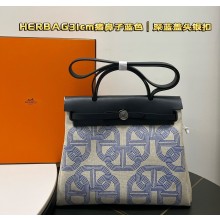 Hermes Herbag Zip 31 bag Dark Blue with Silver Hardware in H Plume canvas with "Circuit 24" motif (Full Handmade)