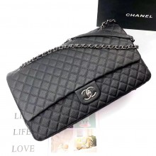 Chanel BLACK XXL classic flap bag in caviar leather with silver hardware
