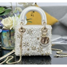 DIOR WHITE MINI LADY DIOR BAG IN LATTE SATIN EMBOIRDERED WITH BEADS 2024