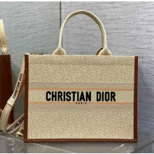 Dior Medium Book Tote bag in Beige Dior Oblique Embroidered Raffia and Camel Calfskin 2025