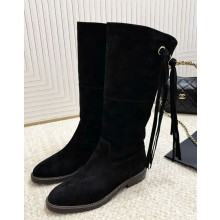Chanel flat suede calfskin with tassels middle boots black 2024