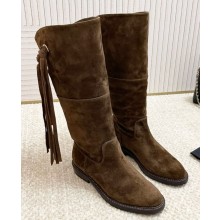 Chanel flat suede calfskin with tassels middle boots dark brown 2024