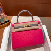 Hermes kelly 25 bag in ostrich leather rose tyrien/gris agate handmade