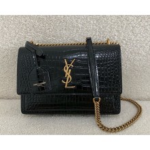 saint laurent SUNSET small in crocodile-embossed shiny leather Black/Gold 2024 (original quality)