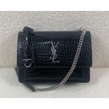 saint laurent SUNSET small in crocodile-embossed shiny leather Black/silver 2024 (original quality)