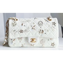 Chanel Embroidered Tweed, Strass, Glass Pearls & Gold-Tone Metal Small Classic Handbag A01113 White 2023