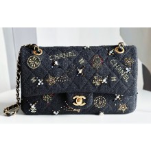 Chanel Embroidered Tweed, Strass, Glass Pearls & Gold-Tone Metal Small Classic Handbag A01113 Black 2023