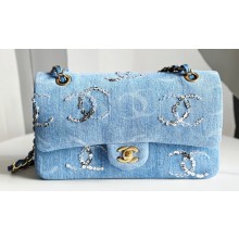 Chanel Embroidered Denim, Sequins & Silver-Tone Metal Classic Handbag A01112 Blue 2023