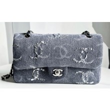 Chanel Embroidered Denim, Sequins & Silver-Tone Metal Classic Handbag A01112 Gray 2023