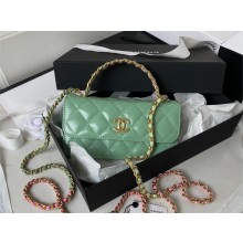 chanel Shiny Calfskin & Gold-Tone Metal Phone Holder with Chain AP3242 green 2023