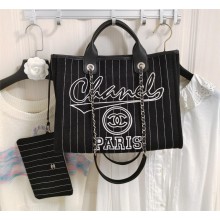 CHANEL Cotton, Calfskin & Silver-Tone Metal Black & White Large Shopping Bag A66941 black 2023