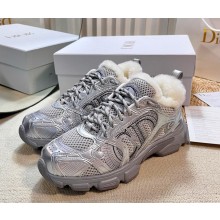 Dior Chrono Sneaker Gray Mesh with Silver-Tone Laminated Leather with shearling 2024