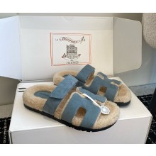Hermès Chypre suede leather with shearling mules blue 1028-2024