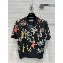 dior Black Hemp Jacquard with Multicolor Dior Petites Fleurs Motif Puff-Sleeve Top 2023