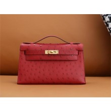 Hermès mini Kelly Pochette in ostrich leather rouge casaque(full handmade)