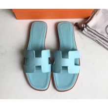 Hermes Oran Flat slippers in epsom leather light blue with brown piping