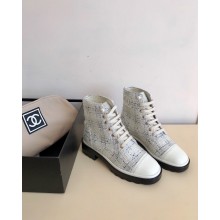 Chanel CC Logo lace up tweed Ankle Boots white 2020
