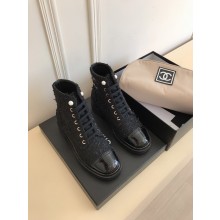 Chanel CC Logo lace up tweed Ankle Boots black 2020
