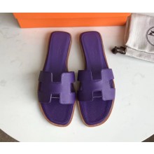 Hermes Oran Flat slippers in epsom leather Violet with brown piping