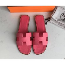 Hermes Oran Flat slippers in epsom leather peach pink with brown piping