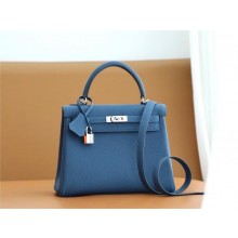 Hermes Kelly 25cm Bag deep blue in togo leather With silver Hardware (full handmade)