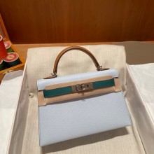 Hermes Mini Kelly II Handbag in original epsom leather tan/white/green