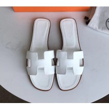 Hermes Oran Flat slippers in epsom leather white with brown piping