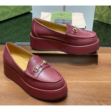 Gucci Heel 5cm Women's Horsebit wedge loafers 794316 in Leather Burgundy 2024