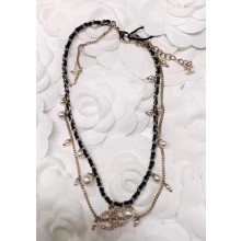 Chanel Chain and Leather Necklace with Pearls Gold/Black/White 2018