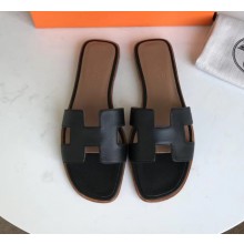 Hermes Oran Flat slippers in epsom leather black/brown