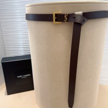 Saint Laurent Width 3cm cassandre thin belt in vegetable-tanned leather dark brown/gold 2025