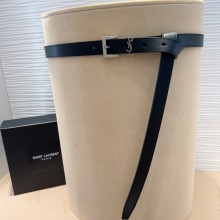 Saint Laurent Width 3cm cassandre thin belt in vegetable-tanned leather black/silver 2025