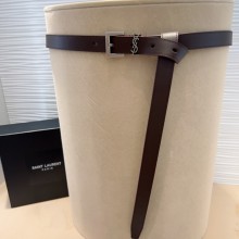 Saint Laurent Width 3cm cassandre thin belt in vegetable-tanned leather dark brown/silver 2025