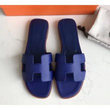 Hermes Oran Flat slippers in epsom leather cobalt blue with brown piping
