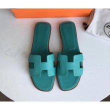 Hermes Oran Flat slippers in epsom leather Blue Paon with brown piping