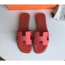 Hermes Oran Flat slippers in epsom leather Rose Jaipur with brown piping