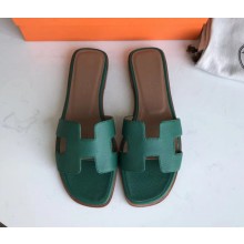 Hermes Oran Flat slippers in epsom leather  Malachite/brown