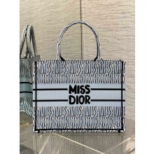 Dior MEDIUM Book Tote Bag in Pale Blue and Black Miss Dior Allover Embroidery 2024