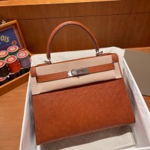 Hermes kelly 25 bag in ostrich leather gold handmade