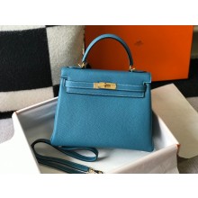 Hermes Kelly 28cm/32cm Bag In clemence Leather With Gold Hardware denim blue