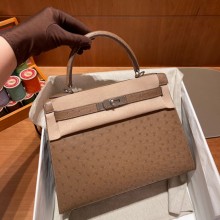 Hermes kelly 25 bag in ostrich leather etoupe handmade